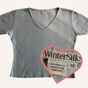100% Pure Silk Tee, Vintage 90s WinterSilks, Ashy Pale Blue, Size M